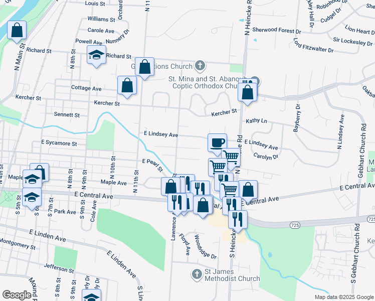map of restaurants, bars, coffee shops, grocery stores, and more near 1222 Simonton Avenue in Miamisburg