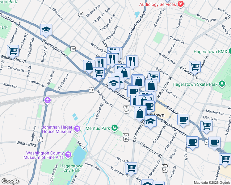 map of restaurants, bars, coffee shops, grocery stores, and more near 219 West Washington Street in Hagerstown