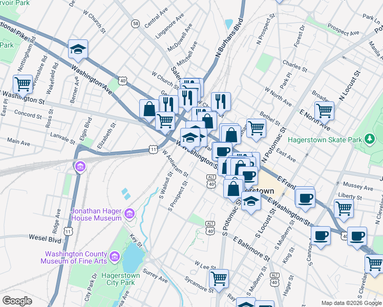 map of restaurants, bars, coffee shops, grocery stores, and more near 221 West Washington Street in Hagerstown
