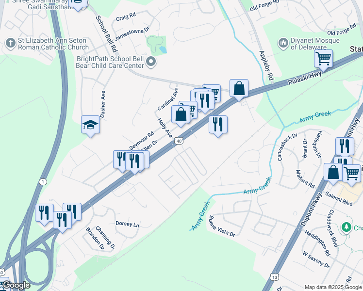 map of restaurants, bars, coffee shops, grocery stores, and more near 734 Pulaski Highway in Bear
