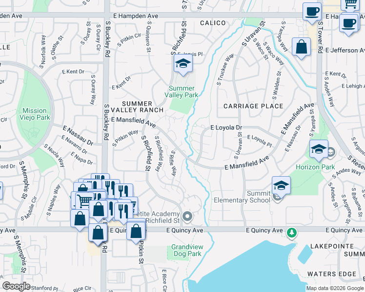 map of restaurants, bars, coffee shops, grocery stores, and more near 17595 East Mansfield Avenue in Aurora