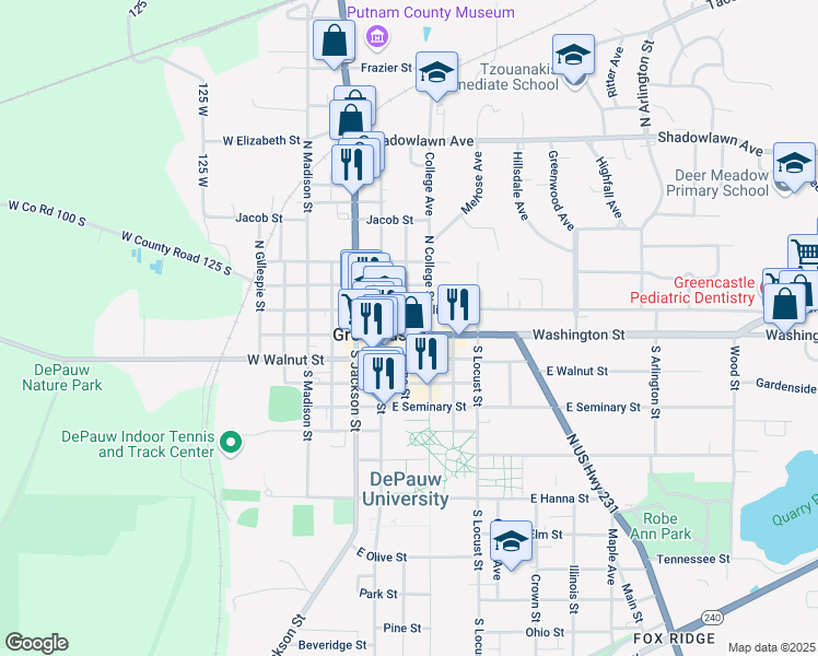 map of restaurants, bars, coffee shops, grocery stores, and more near 99-1 South Vine Street in Greencastle