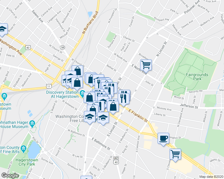 map of restaurants, bars, coffee shops, grocery stores, and more near 131 North Potomac Street in Hagerstown