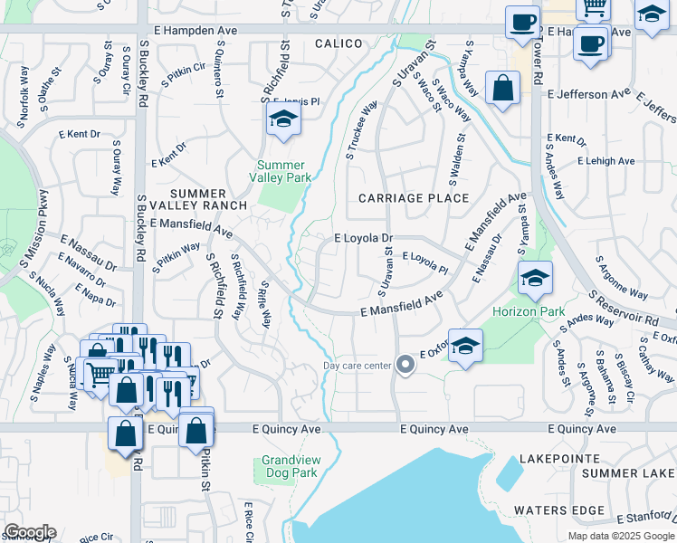 map of restaurants, bars, coffee shops, grocery stores, and more near 17602 East Loyola Drive in Aurora