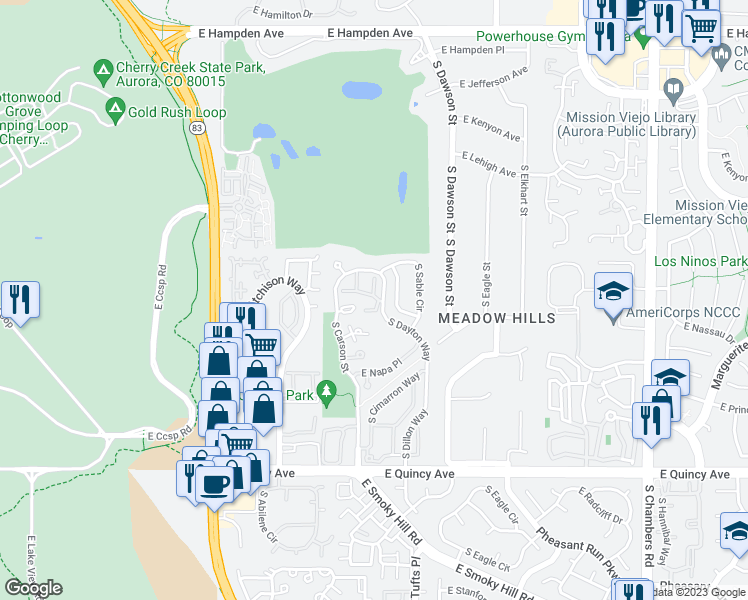 map of restaurants, bars, coffee shops, grocery stores, and more near 4045 South Dillon Way in Aurora