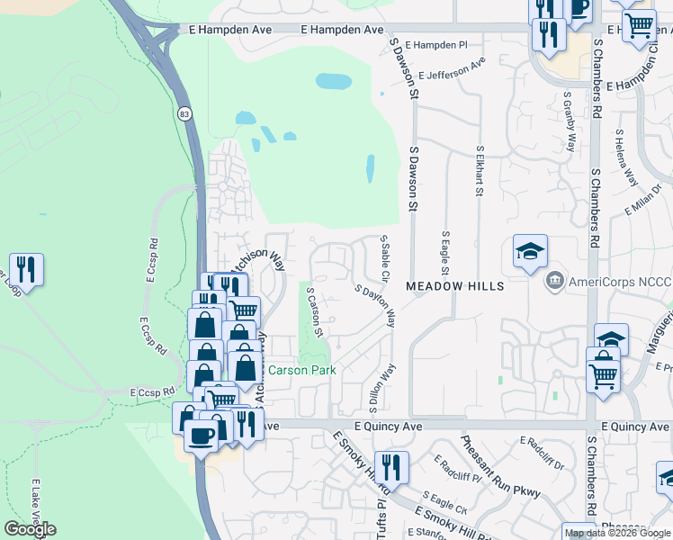 map of restaurants, bars, coffee shops, grocery stores, and more near 4056 South Carson Street in Aurora