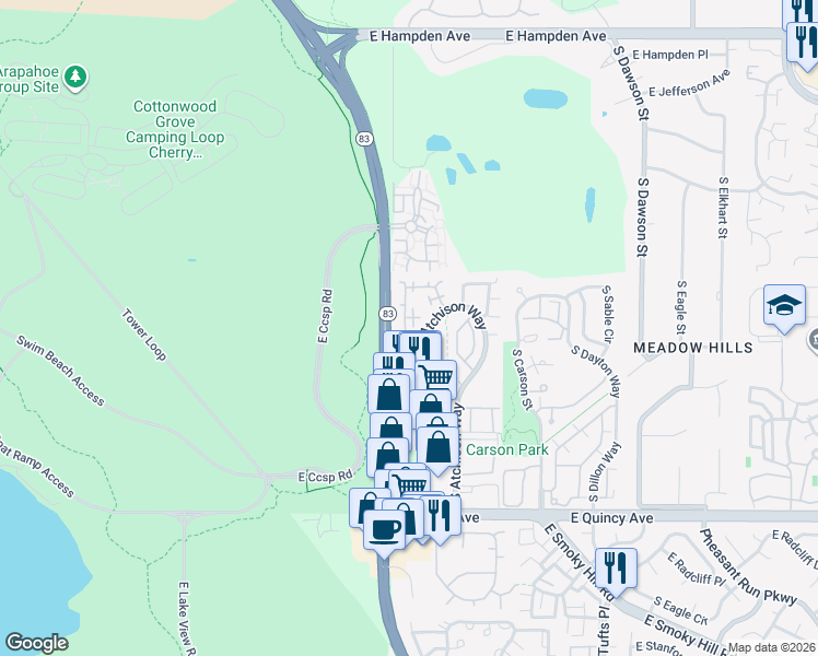 map of restaurants, bars, coffee shops, grocery stores, and more near 3861 South Atchison Way in Aurora