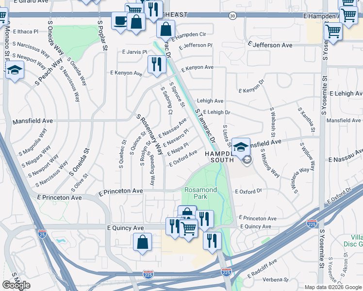 map of restaurants, bars, coffee shops, grocery stores, and more near in Denver
