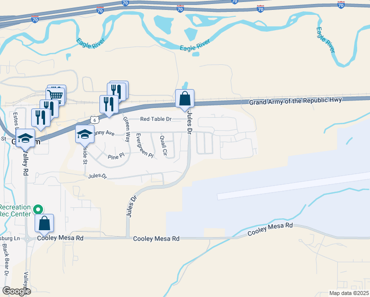 map of restaurants, bars, coffee shops, grocery stores, and more near 127 Jules Drive in Gypsum