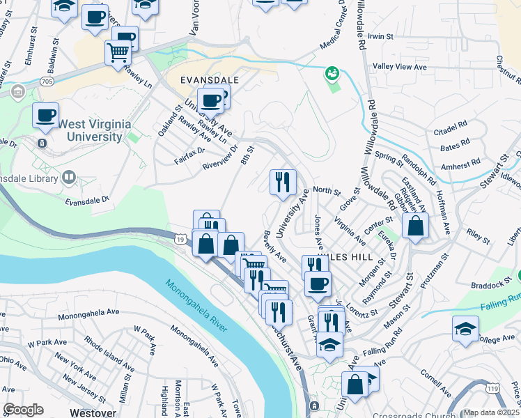 map of restaurants, bars, coffee shops, grocery stores, and more near in Morgantown