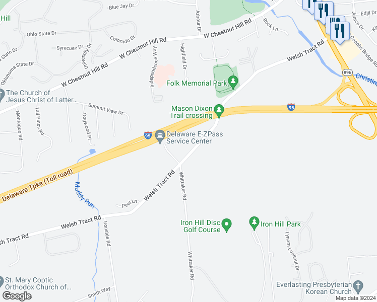 map of restaurants, bars, coffee shops, grocery stores, and more near 180 Welsh Tract Road in Newark