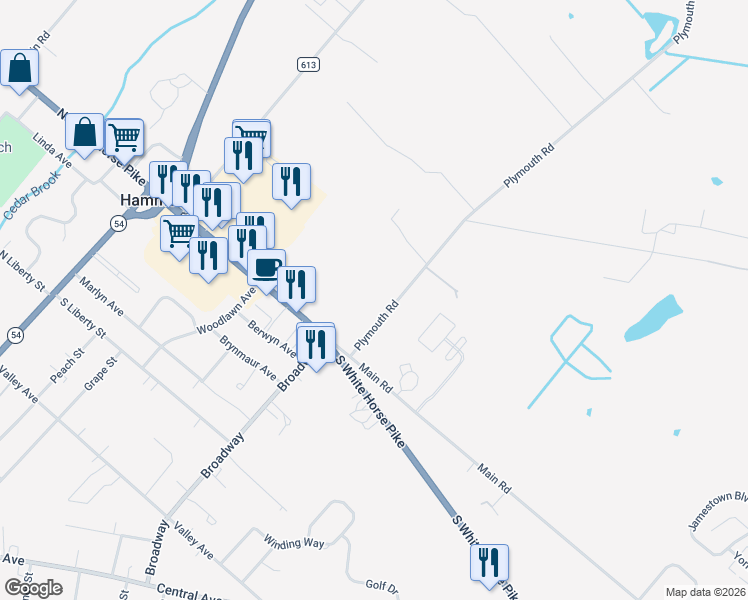 map of restaurants, bars, coffee shops, grocery stores, and more near 51 Plymouth Road in Hammonton