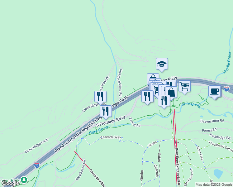 map of restaurants, bars, coffee shops, grocery stores, and more near Sandstone Cr Club in Vail
