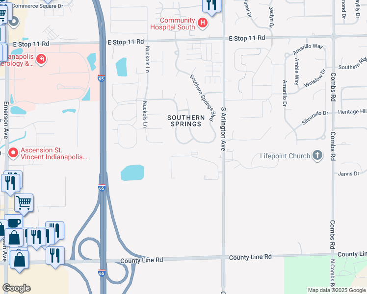 map of restaurants, bars, coffee shops, grocery stores, and more near 8458 Southern Springs Drive in Indianapolis