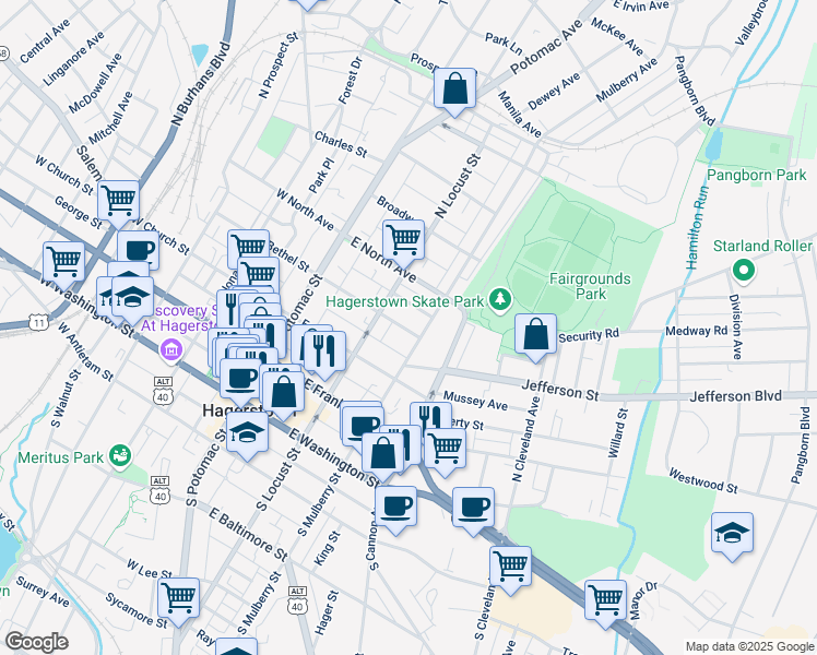 map of restaurants, bars, coffee shops, grocery stores, and more near 132 Randolph Avenue in Hagerstown