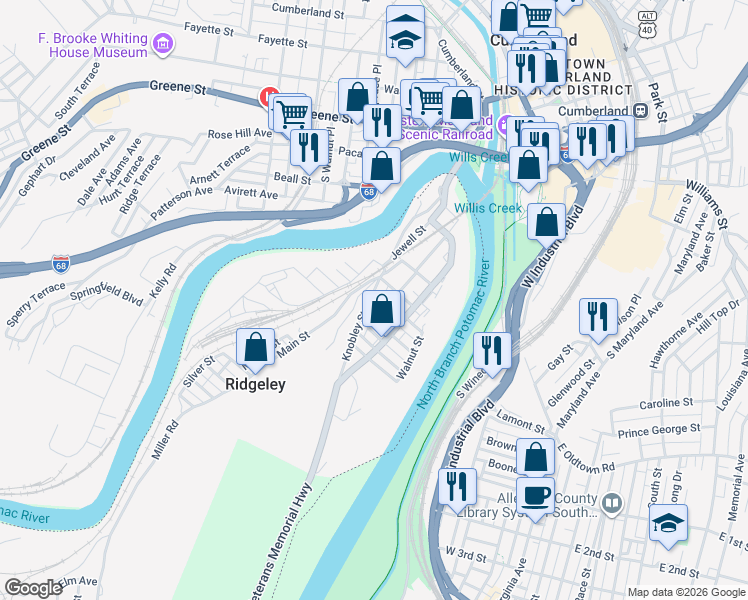 map of restaurants, bars, coffee shops, grocery stores, and more near 28 Knobley Street in Ridgeley