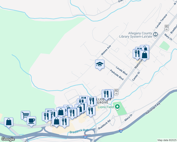 map of restaurants, bars, coffee shops, grocery stores, and more near 1028 Weires Avenue in La Vale