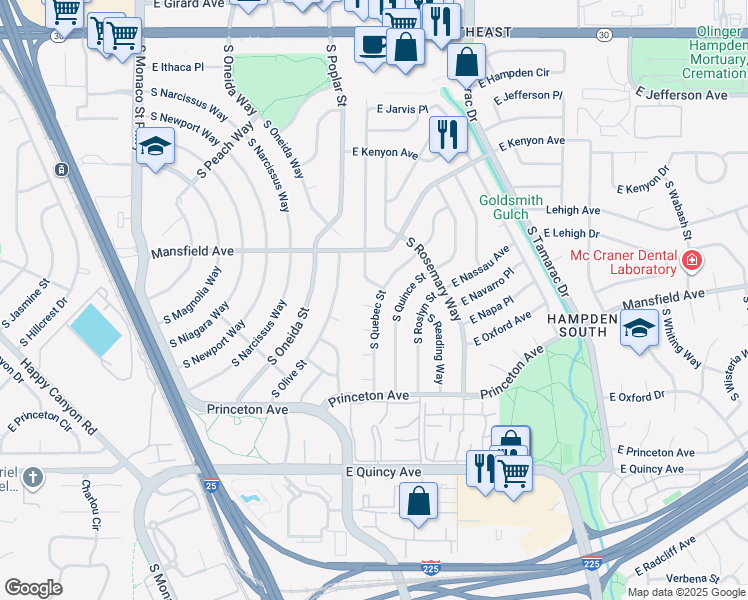 map of restaurants, bars, coffee shops, grocery stores, and more near 4011 South Quebec Street in Denver