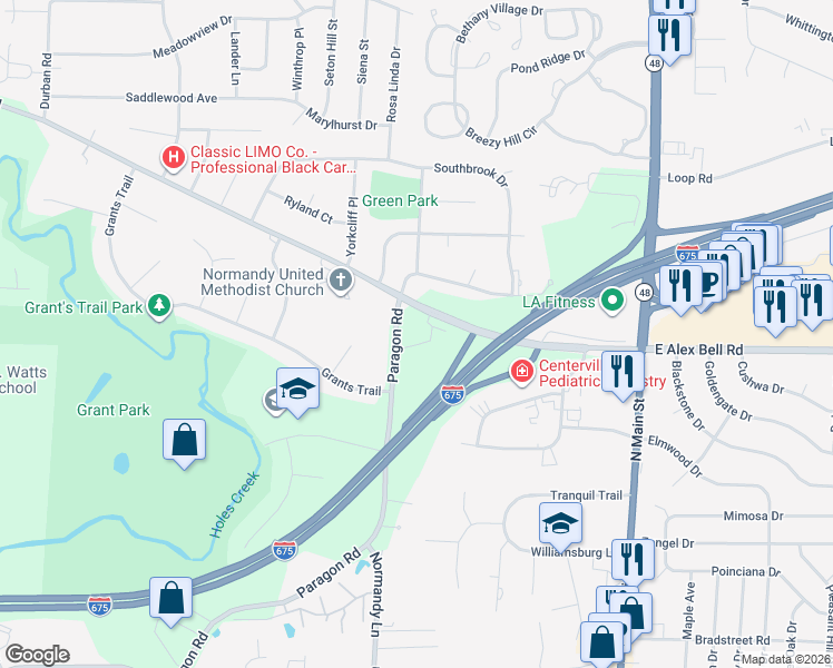 map of restaurants, bars, coffee shops, grocery stores, and more near 6928-6942 Paragon Road in Montgomery County