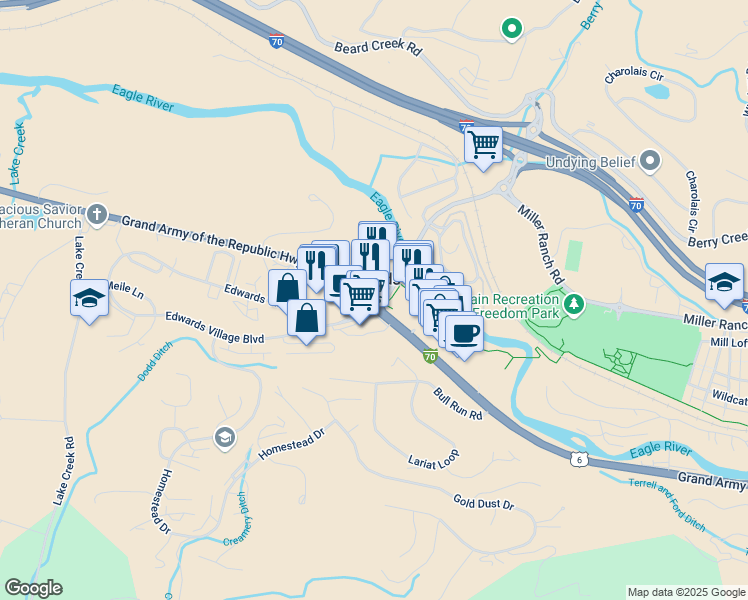 map of restaurants, bars, coffee shops, grocery stores, and more near US Highway 6 in Edwards