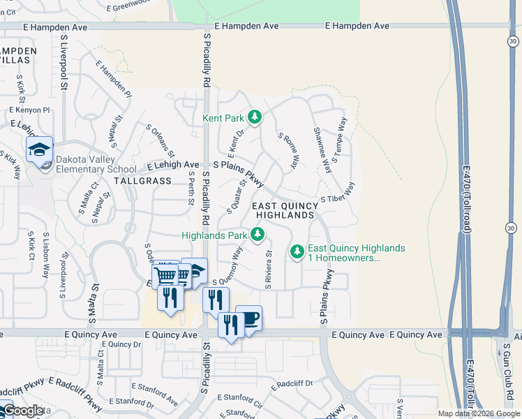 map of restaurants, bars, coffee shops, grocery stores, and more near 3904 South Quemoy Court in Aurora