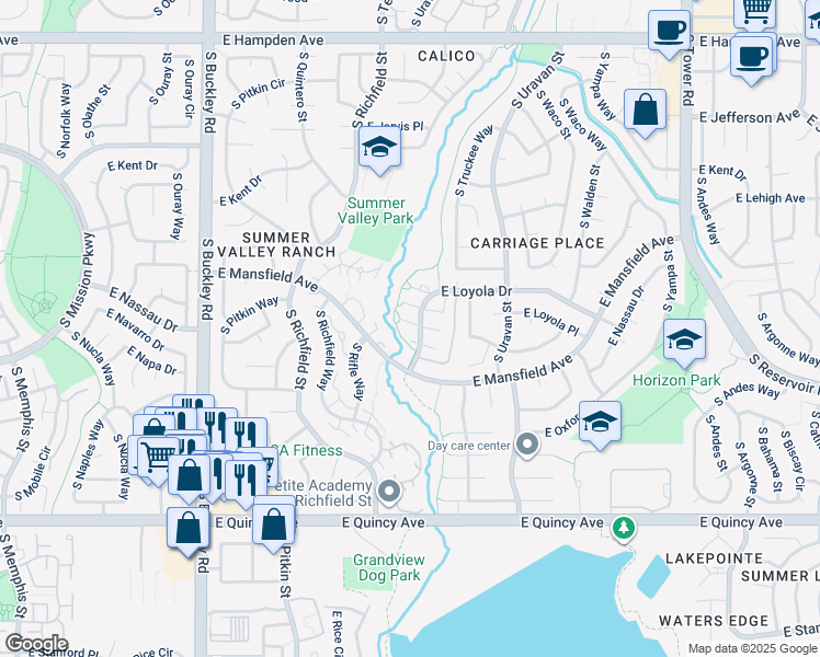 map of restaurants, bars, coffee shops, grocery stores, and more near 17673 East Loyola Drive in Aurora