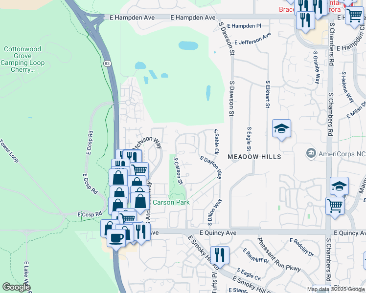 map of restaurants, bars, coffee shops, grocery stores, and more near 3952 South Carson Street in Aurora
