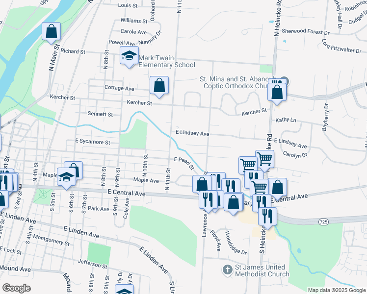 map of restaurants, bars, coffee shops, grocery stores, and more near 1134 East Lindsey Avenue in Miamisburg
