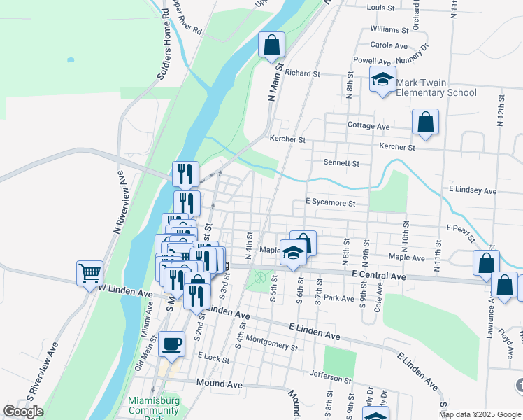 map of restaurants, bars, coffee shops, grocery stores, and more near 423 East Sycamore Street in Miamisburg