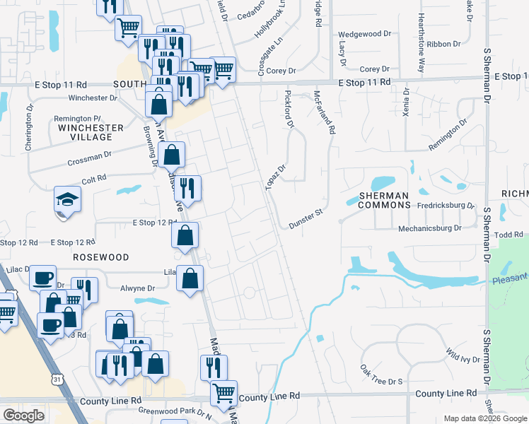map of restaurants, bars, coffee shops, grocery stores, and more near 8394 Punto Alto Drive in Indianapolis