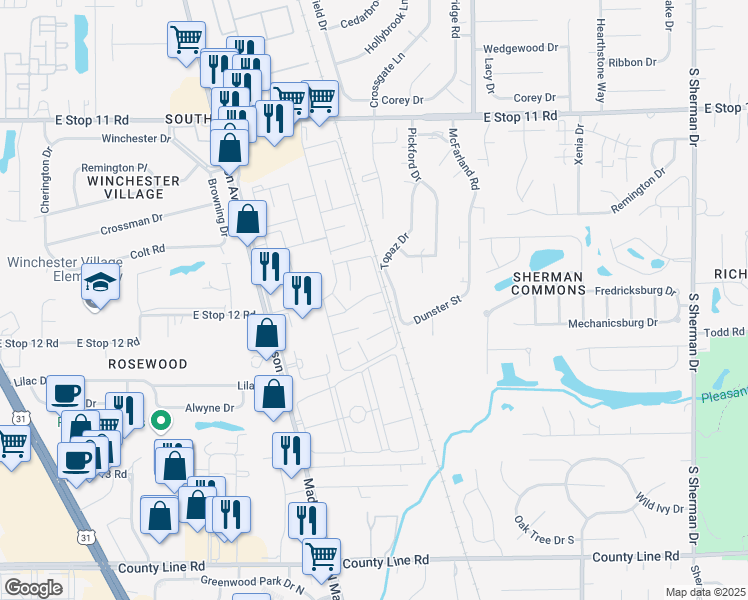 map of restaurants, bars, coffee shops, grocery stores, and more near 8394 Punto Alto Drive in Indianapolis