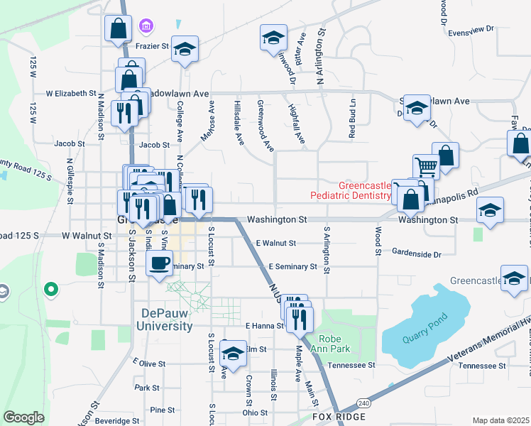 map of restaurants, bars, coffee shops, grocery stores, and more near 102 Northwood Boulevard in Greencastle