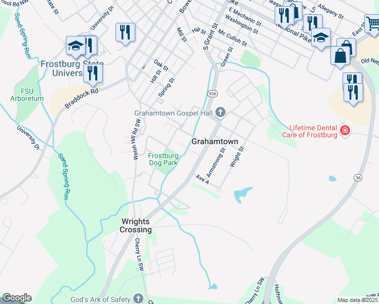map of restaurants, bars, coffee shops, grocery stores, and more near 50 Powells Lane in Frostburg