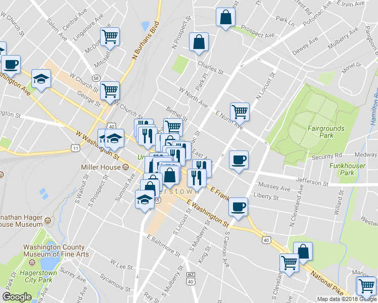 map of restaurants, bars, coffee shops, grocery stores, and more near 142 North Potomac Street in Hagerstown