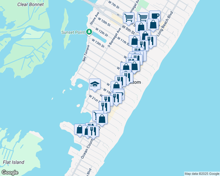 map of restaurants, bars, coffee shops, grocery stores, and more near 223 West 18th Street in Ship Bottom