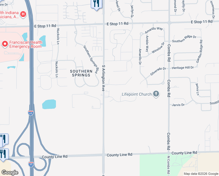 map of restaurants, bars, coffee shops, grocery stores, and more near 8531 South Arlington Avenue in Indianapolis
