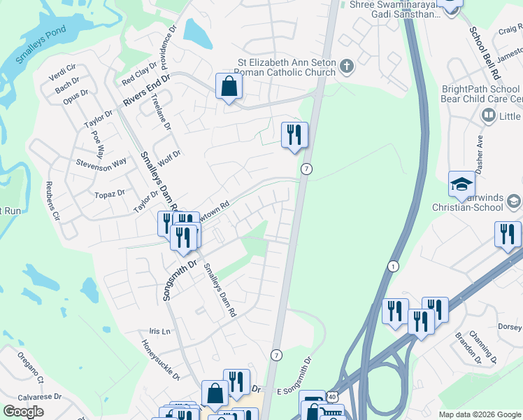 map of restaurants, bars, coffee shops, grocery stores, and more near 15 Ross Court in Newark