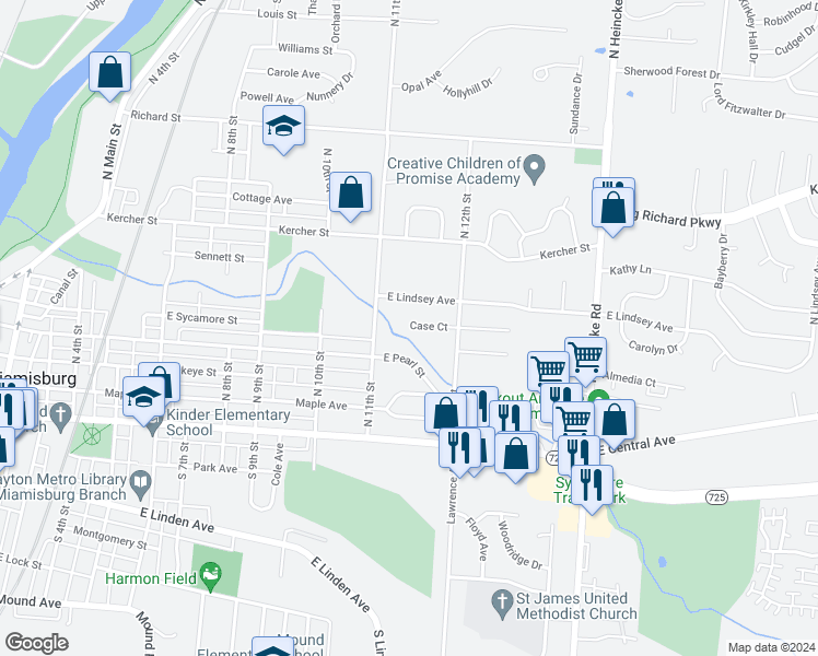 map of restaurants, bars, coffee shops, grocery stores, and more near 1128 Case Court in Miamisburg