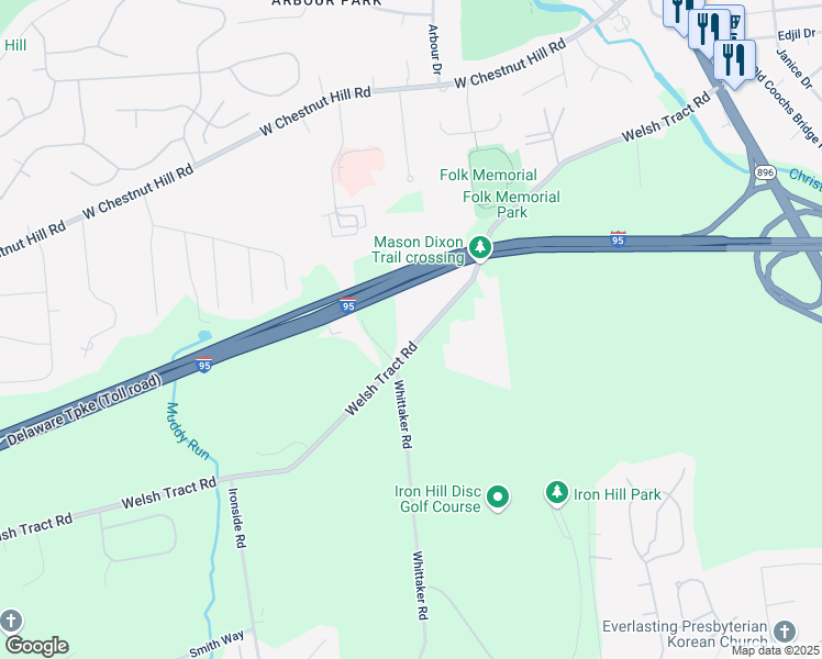 map of restaurants, bars, coffee shops, grocery stores, and more near 180 Welsh Tract Road in Newark