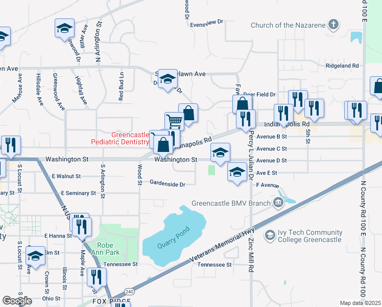 map of restaurants, bars, coffee shops, grocery stores, and more near 835 East Washington Street in Greencastle