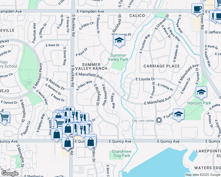 map of restaurants, bars, coffee shops, grocery stores, and more near 3900 South Rifle Court in Aurora