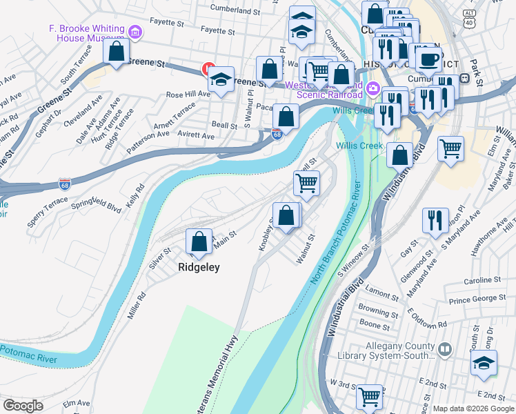 map of restaurants, bars, coffee shops, grocery stores, and more near 16 Barncord Street in Ridgeley