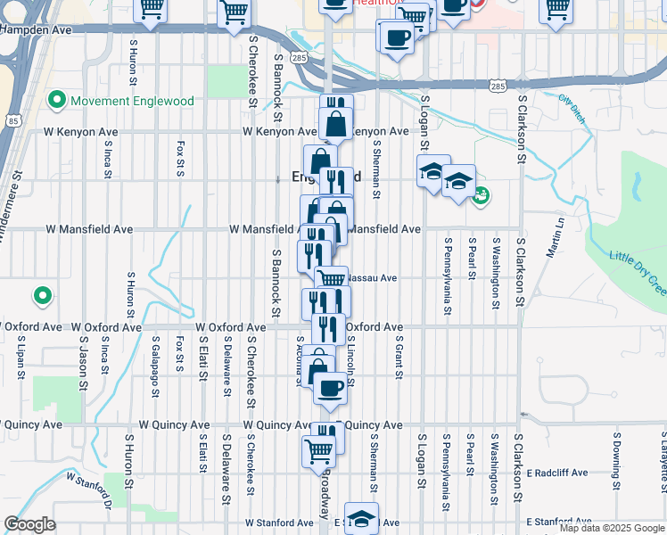 map of restaurants, bars, coffee shops, grocery stores, and more near 3935 South Broadway in Englewood