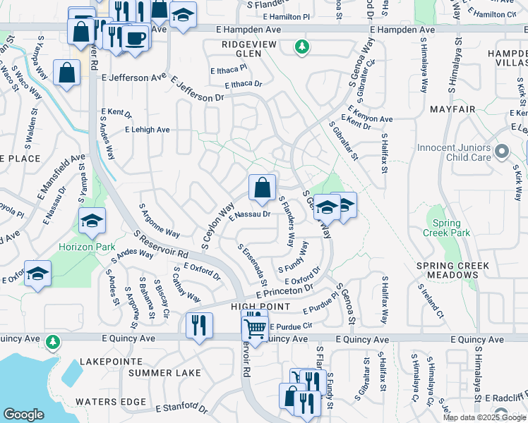 map of restaurants, bars, coffee shops, grocery stores, and more near 3925 South Flanders Way in Aurora