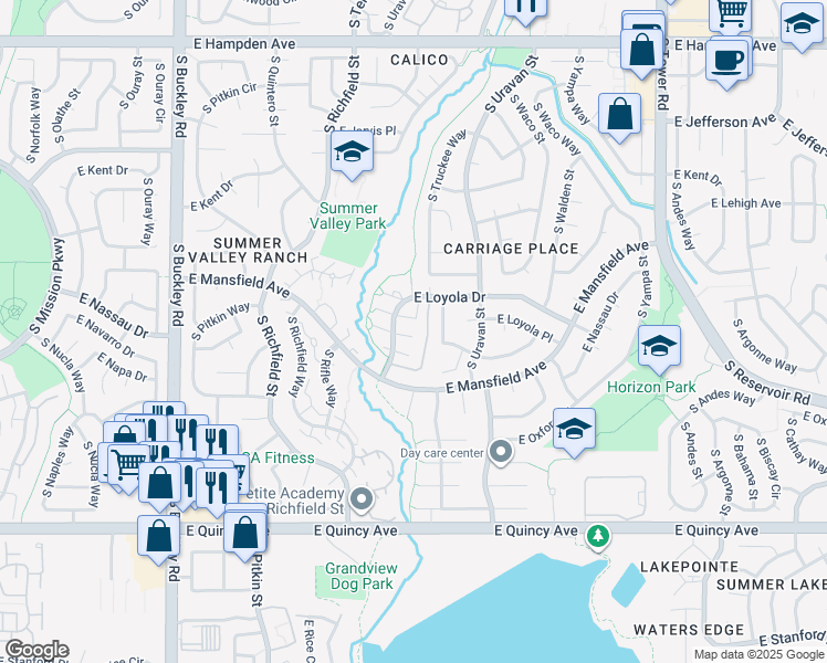 map of restaurants, bars, coffee shops, grocery stores, and more near 17674 East Loyola Drive in Aurora
