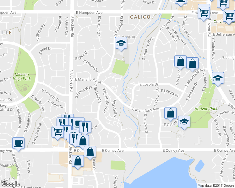 map of restaurants, bars, coffee shops, grocery stores, and more near 17453 East Mansfield Avenue in Aurora