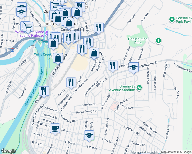 map of restaurants, bars, coffee shops, grocery stores, and more near 740 Maryland Avenue in Cumberland