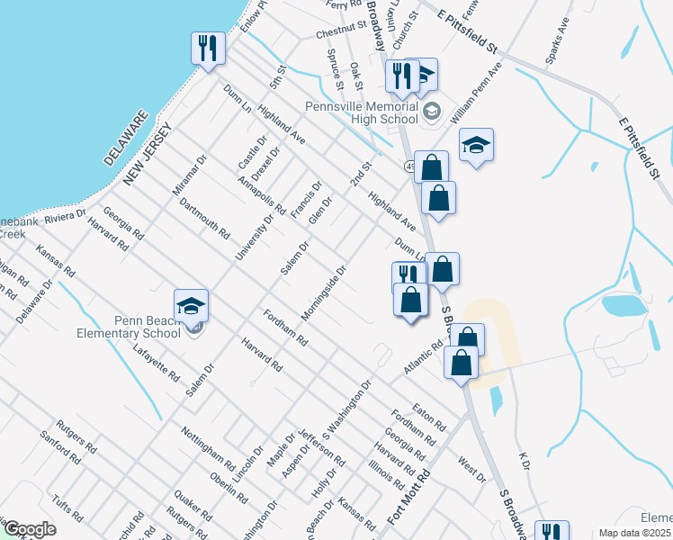 map of restaurants, bars, coffee shops, grocery stores, and more near 33 Morningside Drive in Salem County