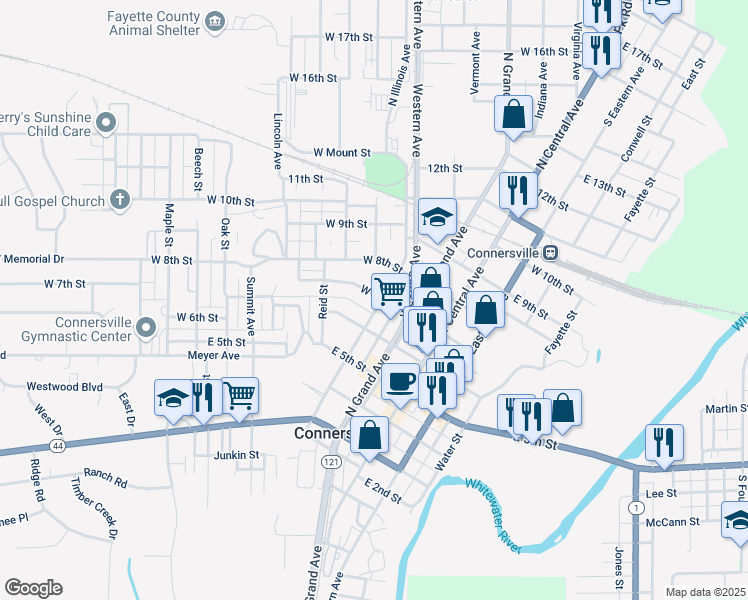 map of restaurants, bars, coffee shops, grocery stores, and more near 719 Western Avenue West in Connersville