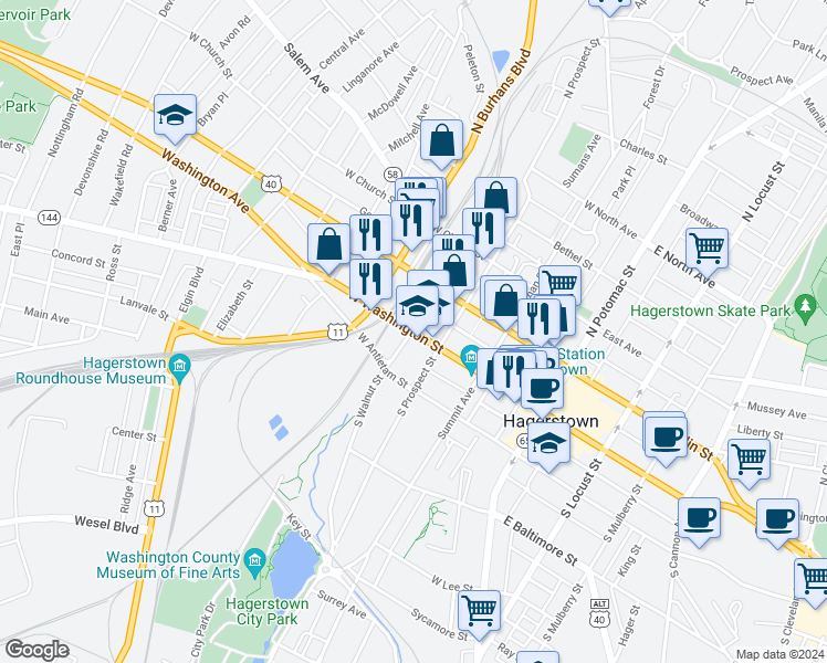 map of restaurants, bars, coffee shops, grocery stores, and more near 299 West Washington Street in Hagerstown